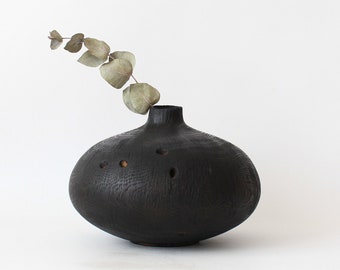 wooden dried flower modern vase, black wabi sabi vase, handmade vase kitchen table decor