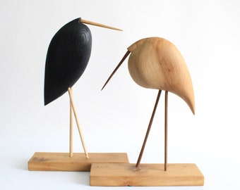 carved wooden birds, wooden animal figurines, bookshelf decor, tall large sculpture