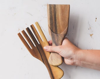 Wooden salad servers set, walnut hand carved cooking utensils, salad tong