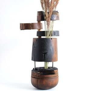 wood floor vase tall, rustic large oak vase for dried flower, abstract sculpture for home decor
