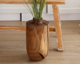 Tall floor wood vase, rustic walnut vase for dried flower, wooden bookshelf decor