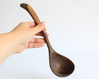 Walnut ladle soup, hand carved farmhouse utensil, natural large kitchenware spoon