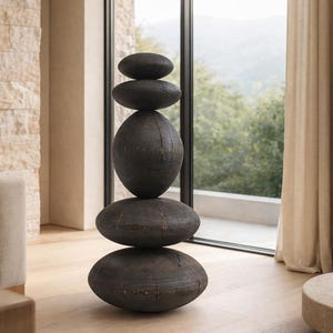 May include: A dark brown, stacked stone sculpture with an organic shape. The sculpture is composed of five oval-shaped stones of varying sizes, creating a balanced, vertical arrangement. The sculpture is placed on a light wood floor, near a window.
