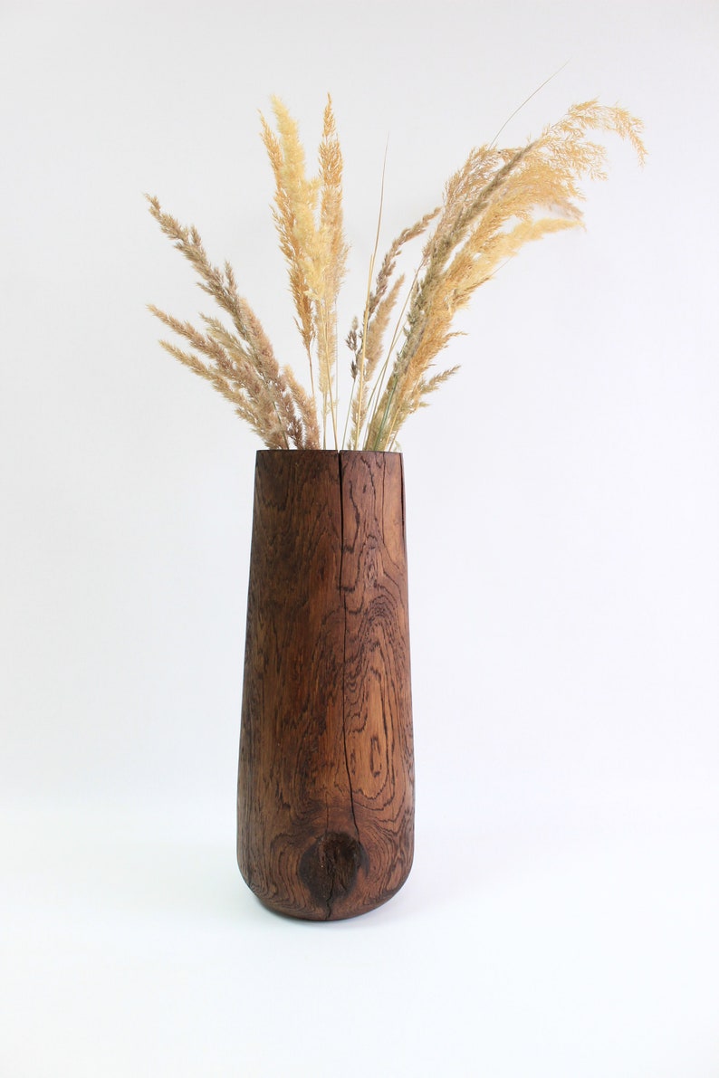 Grand vase en bois pour sol, vase en bois sculpté de 15 pouces de haut, vase en noyer rustique pour fleurs séchées, accents de décoration intérieure image 9