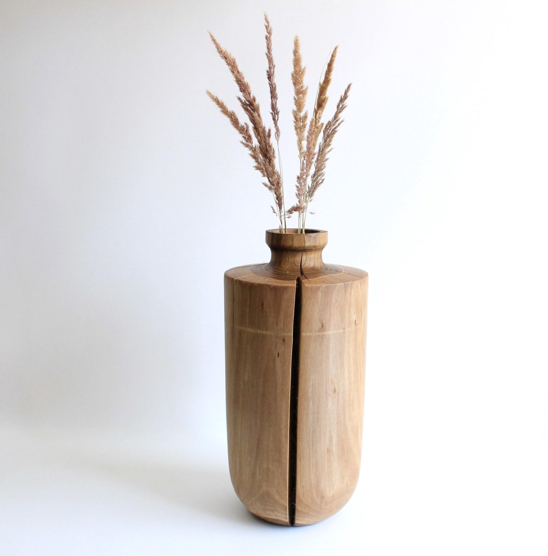 Tall Floor Wood Vase, Rustic Walnut Vase for Dried Flower, Wooden