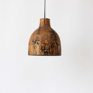 Peut inclure: Une suspension en forme de cloche fabriqu&eacute;e en bois naturel, pr&eacute;sentant un grain apparent et des marques de br&ucirc;lure fractales sombres et ramifi&eacute;es sur la surface, suspendue par un fin cordon noir sur un fond blanc uni.
