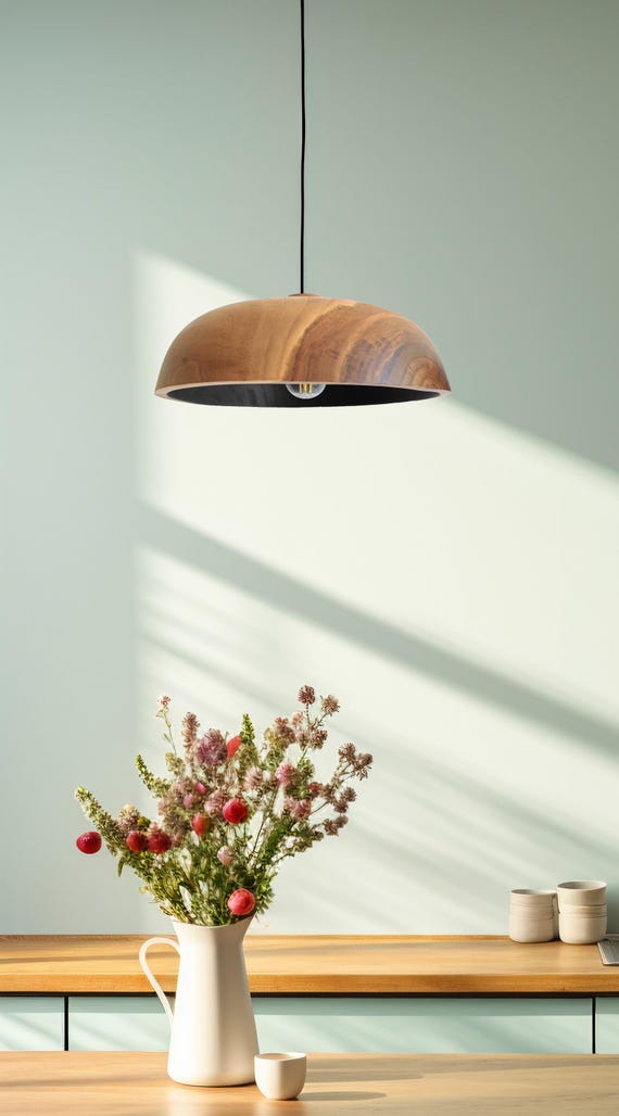 Wood pendant light for kitchen island, modern hanging lamp, wood light fixture