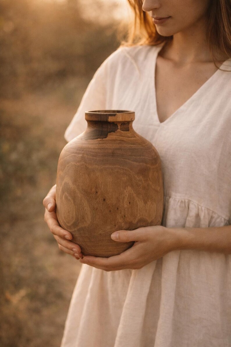 May include: A handcrafted wooden vase with a rounded body and a dark brown rim. The vase is made of light brown wood and has a smooth, natural finish. The vase is held in front of a blurred background.