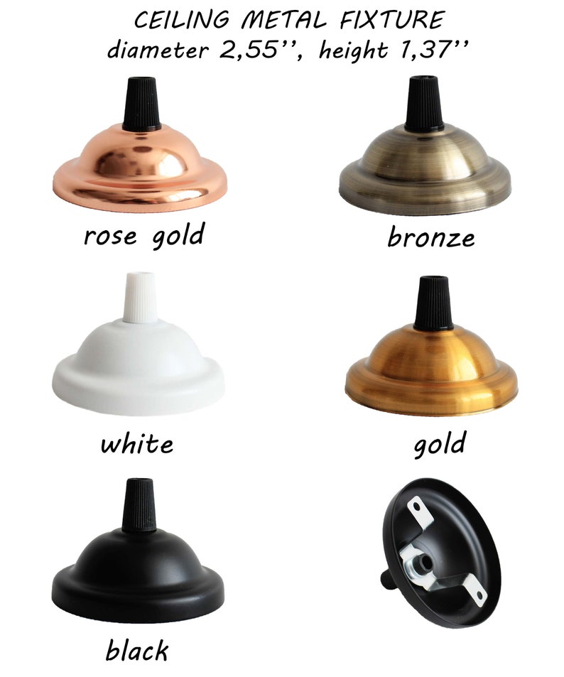 Peut inclure: Un ensemble de six fixations de plafond en m&eacute;tal rondes aux finitions or rose, bronze, blanc, or et noir. Chaque fixation a un diam&egrave;tre de 6,48 cm et une hauteur de 3,48 cm. Le texte CEILING METAL FIXTURE est affich&eacute; en haut.