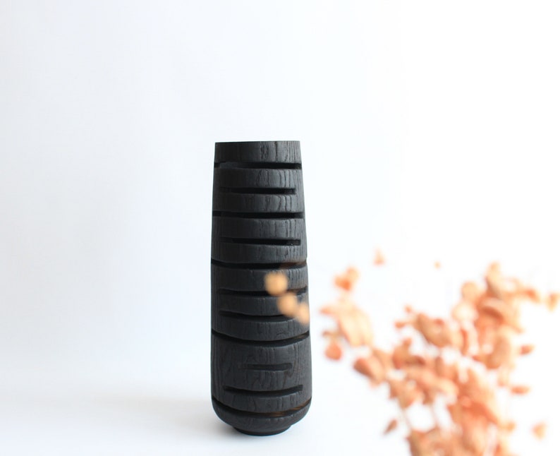 Tall floor vase, black large wooden vase handmade, wavy oak vase, bookshelf decor image 8