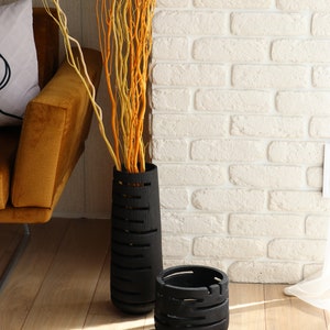Tall floor vase, black large wooden vase handmade, wavy oak vase, bookshelf decor image 10