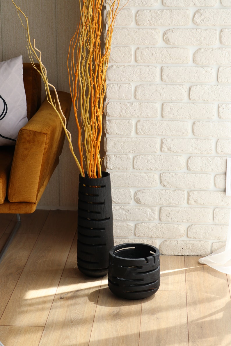Tall floor vase, black large wooden vase handmade, wavy oak vase, bookshelf decor image 10