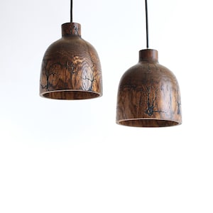 Peut inclure: Deux suspensions en forme de d&ocirc;me fabriqu&eacute;es en bois brun fonc&eacute;, chacune pr&eacute;sentant des motifs fractals noirs complexes sur la surface. Les luminaires sont suspendus par de fins cordons noirs, mettant en valeur le grain naturel du bois.