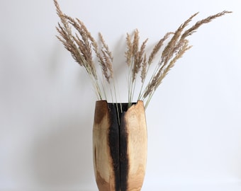 Carved Oak Wood Floor Vase: Rustic Home Decor (15.74 inch)