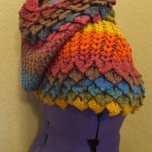 May include: A colorful crocheted shawl with a scalloped edge. The shawl is made in a variety of shades of brown, red, orange, yellow, blue, and green.