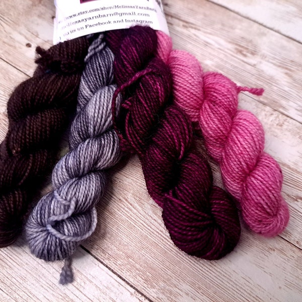 mini skeins, mini skein set, yarn set, sock set, sock yarn, hand dyed sock yarn, 20g minis, mini sock yarn, merino wool yarn,  yarn set