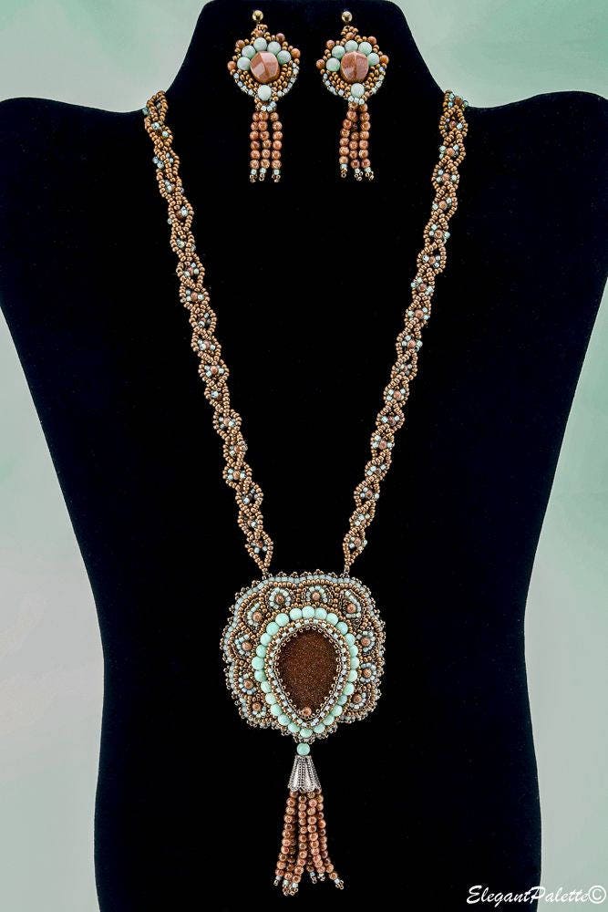 Bead Embroidery Pendant Necklace With Tassel Vintage Inspired Etsy