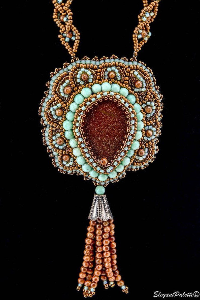 Bead Embroidery Pendant Necklace With Tassel Vintage Inspired Etsy