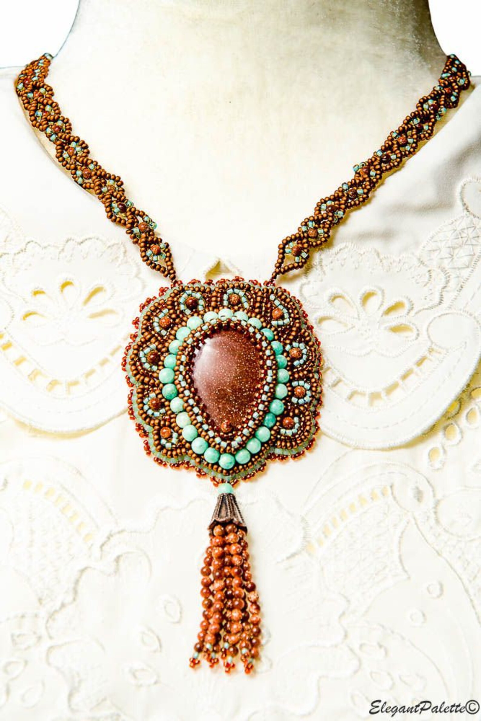 Bead Embroidery Pendant Necklace With Tassel Vintage Inspired Etsy