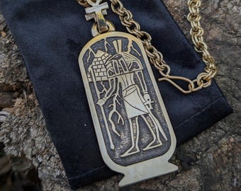 Seth cartouche necklace: ancient history chaos god pendant , Setekh hieroglyph golden bronze artefact , Egyptian custom jewelry neck piece