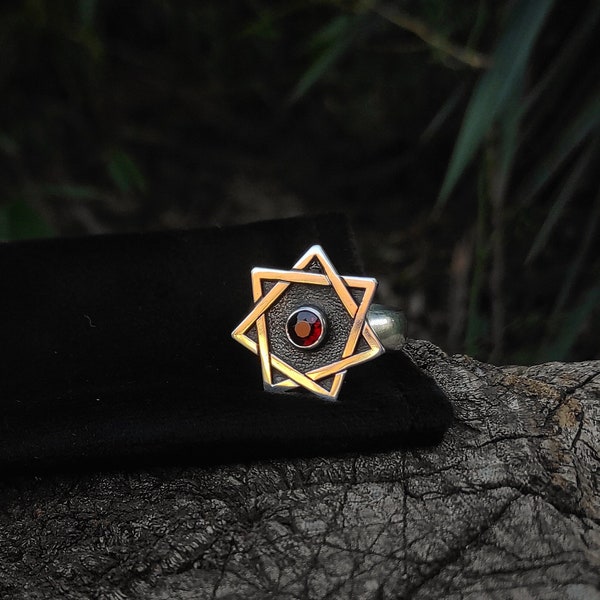 Silver babalon ring with red garnet stone , mother of abominations seal symbol , scarlet woman thelema , great mother occult jewelry gift