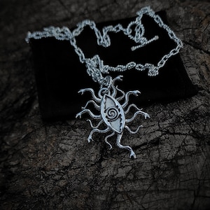 Tiamat Sigil silver necklace , Eye of gorgon magical symbol artefact , infernal black metal jewelry , best gift for goth witch girlfriend