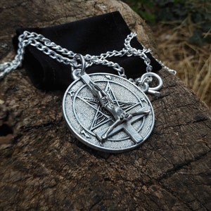Inverted cross and satanic pentagram necklace , big black metal jewelry , silver baphomet upside down crucifixion pendant , dark ritual gift