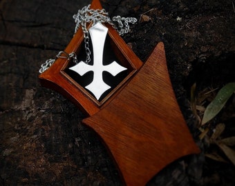 Inverted Cross Sterling Silver Necklace: Black Metal Satanic Medallion , upside down shining cross in wooden box , pointy crux 925 Halloween