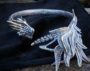 Bimetallic celtic dragon choker necklace , golden silver 3d metal snake around neck , Jormungandr world serpent , epic metal beast prop gift