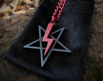 Pentagram Lightning Bolt Black and Red Necklace: Inverted Pentacle Anodized Pendant , Father's Sigil Church of Satan Symbol , Black Metal