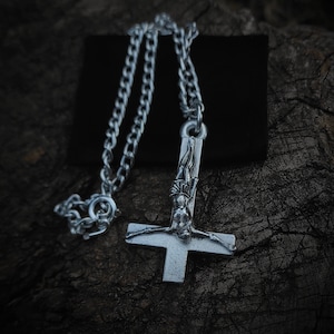 big inverted crucifix necklace , giant curbed chain upside down cross pendant , black metal jewelry , satanic antichristian ritual artefact