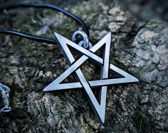 inverted pentagram satanic necklace , satanist sigil upside down shiny pentacle pendant , black metal left hand path ritual jewelry