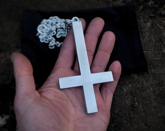 Giant inverted cross necklace, 4.5" huge antichristian crucifix pendant, big black metal jewelry , perfect ritual gift for satanic metalhead