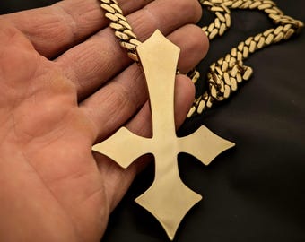 Bronze gold inverted cross Antichrist necklace with curb chain , upside down satanic crucifix symbol , Essential black metal jewelry for him