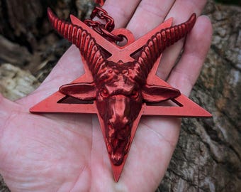 goat head pentagram necklace blood red , huge baphomet inverted pentacle pendant , large demonic gift for satanist , wicked black metal gear