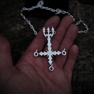 Upside down inverted cross necklace with trident , 666 Number of the Beast Black metal jewelry for men , best gift for dark satanic witches