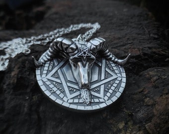 Baphomet goat head satanic medallion , ritualistic devil depiction tetragrammaton, silver 925 demon black metal jewelry gift