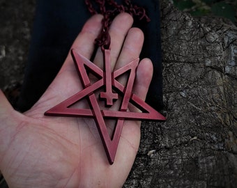Large anodized blood red pentagram and inverted cross necklace , black metal satanic pentacle symbol , savage stage prop gift for metalhead