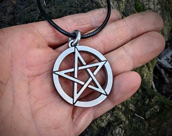 wicca pentagram necklace , ritualistic pentacle pendant , cosplay prop witch symbol gift for goth , simple magical enchanted metal art
