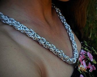 large byzantine chain necklace , huge chainmail woven choker , nordic mythology gift for her , massive metal jewelry for ladies with dress