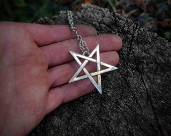 inverted pentagram necklace sterling silver , satanist sigil upside down shiny pentacle pendant , black metal left hand path ritual artefact