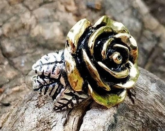 Bimetallic bronze and silver lady's rose ring , multiple colors 3d metal flower sculpture , finger ornament endearing gift for loved one mom