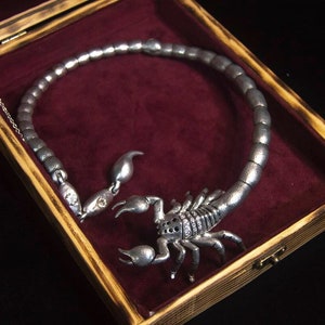 Silver scorpion charm choker necklace , lifelike predatory arachnids insect 3d metal sculpture , neck wrapping gothic accessory gift for her