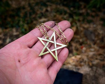 inverted pentagram necklace golden bronze, satanist sigil upside down pentacle pendant , black metal gift , left hand path ritual artefact