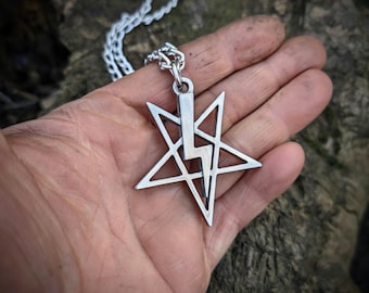 Church of Satan Necklace , LaVeyan Satanism Pentagram Pendant , Lightning Bolt Pentagram , Occult Satanic Jewelry , Left Hand Path gift