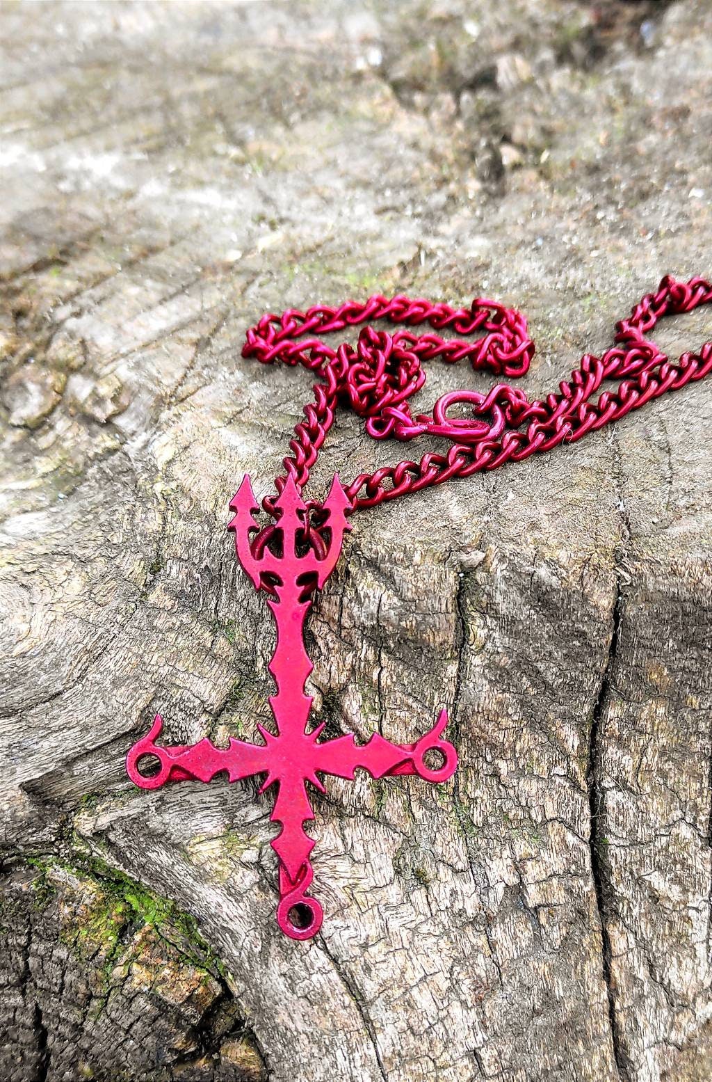Upside Down Inverted Cross Necklace With Trident Curb Cuban 