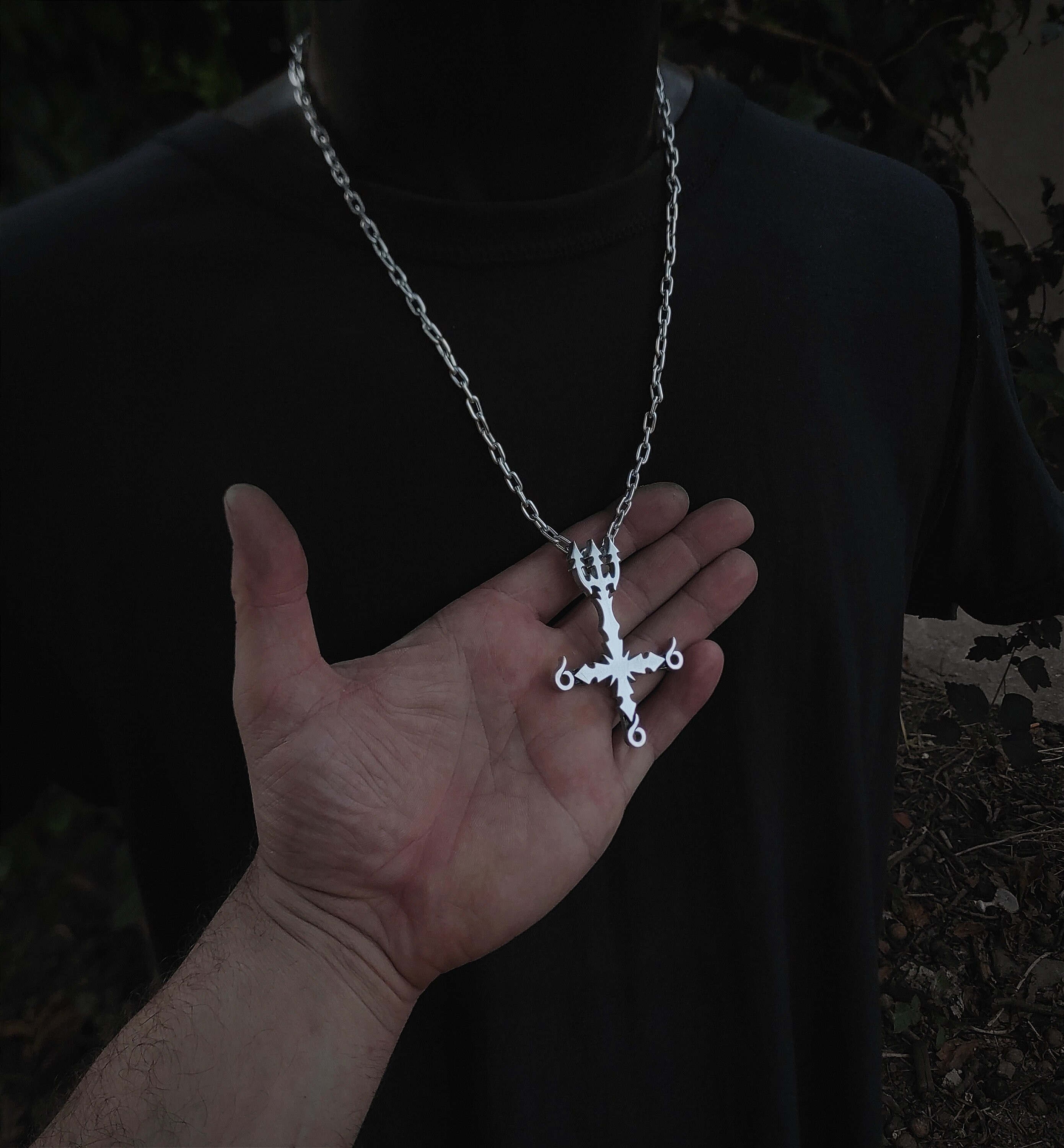 Upside Down Inverted Cross Necklace With Trident , 666 Upside Down Inverted Cross Necklace With Trident , 666