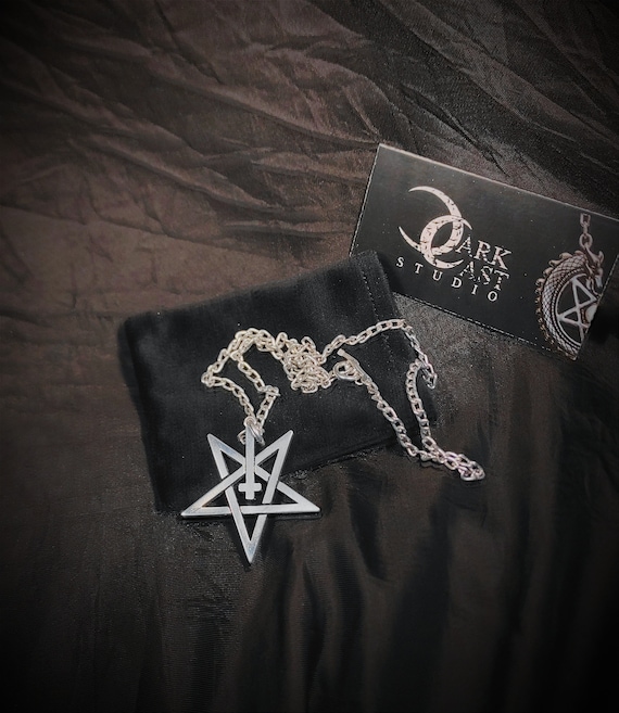 Pentagram and Inverted Cross Black Metal Necklace , Satanic