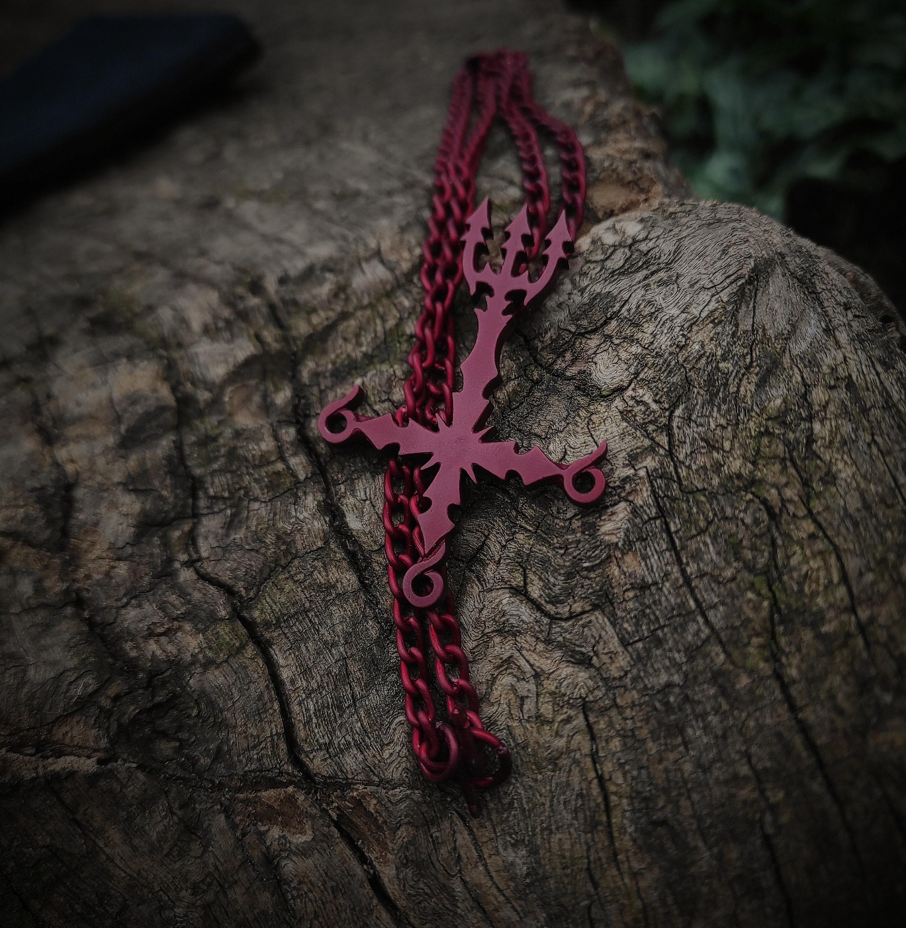 Bloody Red Inverted Cross Necklace With Trident , 666 Number