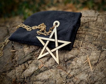 wicca pentagram necklace gold , ritualistic pentacle pendant , cosplay prop witch symbol gift for goth , simple magical enchanted metal art